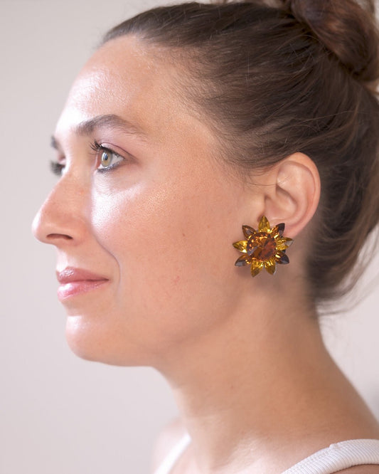 Orecchini vintage a clip fiore cristallo ambrato – Bigiotteria anni ’80 - abbigliamento vintage Rivesty