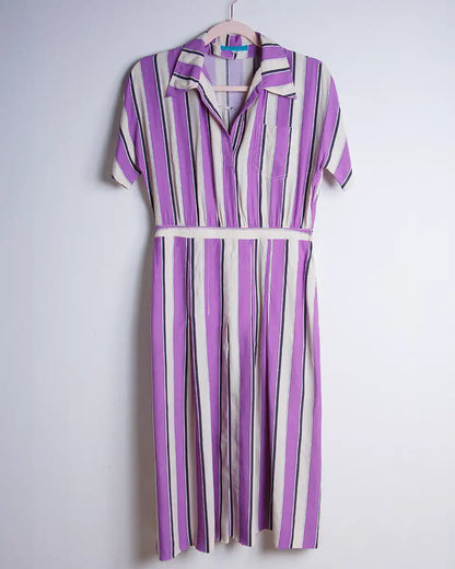 vestito vintage a righe lilla Cacharel appeso
