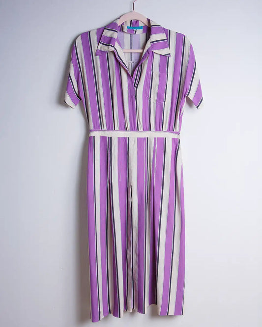 vestito vintage a righe lilla Cacharel appeso

